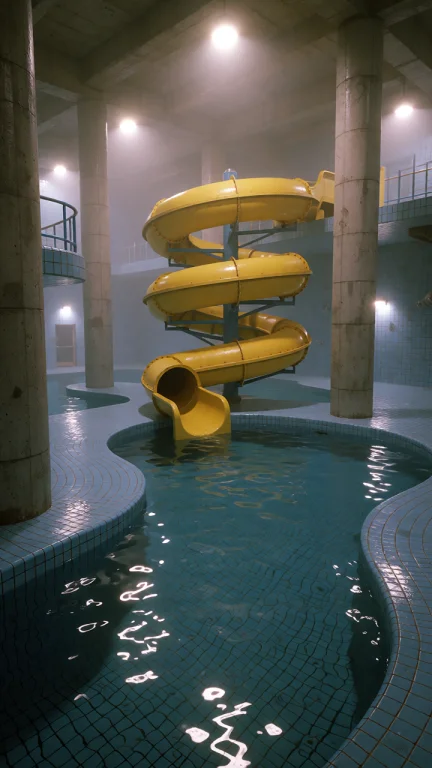 Dcl1m1nal. Medium-wide Eye-level Shot Of An Indoor Swimming...