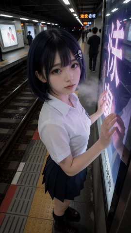 ,22 150cm — Stable Diffusion AI Prompt: 忏悔,深夜地铁站台深处，22 岁的年轻韩国少女身着私立十凪高中整洁的白衬衫与深蓝百褶...