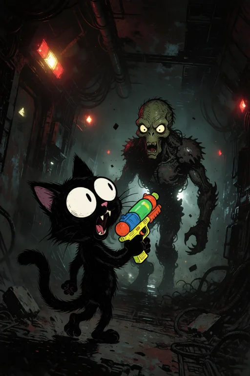Xibalba, Absurd Cartoon Illustration Of A Goofy Black Cat Wi...