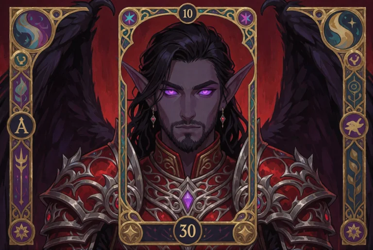 A Tarot Card Illustration Of A 30-year-old Dark Elf With Glo...