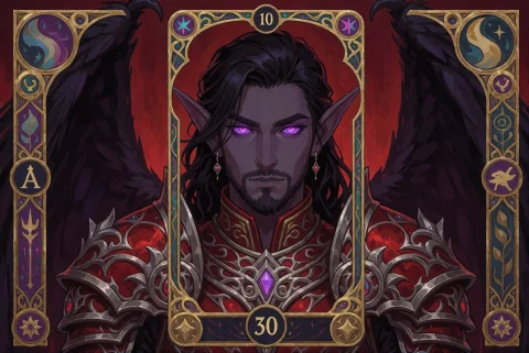 A Tarot Card Illustration Of A 30-year-old Dark Elf With Glo... — Stable Diffusion AI Prompt: A tarot card illustration of a 30-year-old dark elf with glowing purple eyes, da...