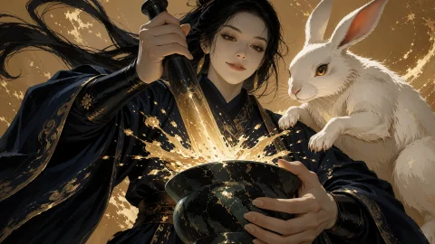 Krea2liujinstyle, Eastern Ink-wash Concept Art, A Moon Maide... — Stable Diffusion AI Prompt: krea2_liujin_style, eastern ink-wash concept art, a moon maiden alchemist with s...