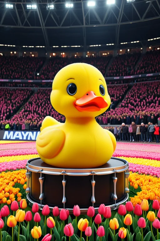 A Cute Duck With A Big Drums. Arena, Sport Setting, Lights,...
