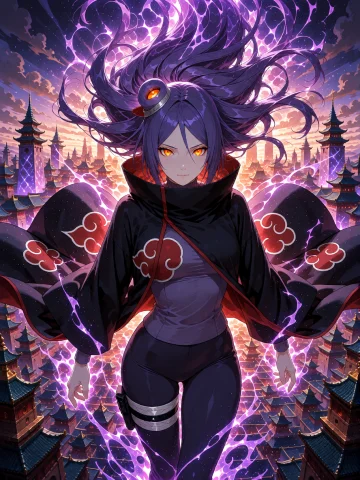 An Image Of Konan From The Naruto Series, Her Purple Hair Ca... — Stable Diffusion AI Prompt: An image of Konan from the Naruto series, her purple hair cascading wildly aroun...
