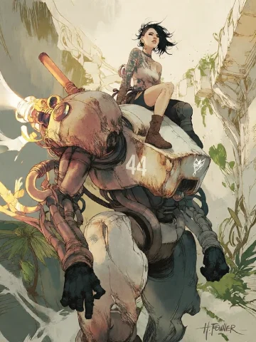 Bradhamel Art Style.a Lone Female Warrior With Dark Hair And... — Stable Diffusion AI Prompt: Bradhamel art style.A lone female warrior with dark hair and visible tattoos sit...