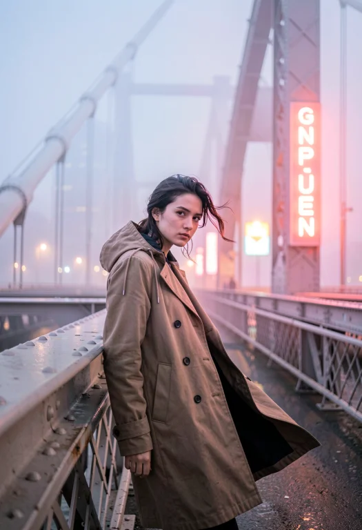 A Windblown Coat On A Foggy City Bridge, Documentary Photogr...