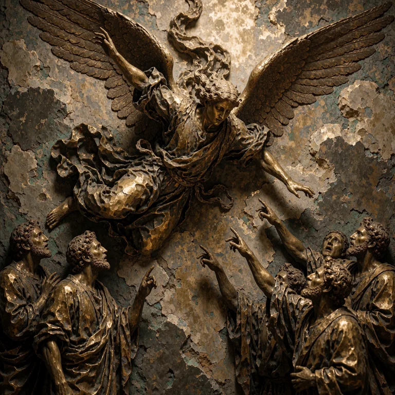 A Dramatic Ancient Relief Carved From Oxidized Brass, Captur...