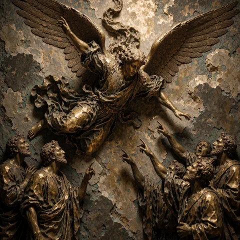 A Dramatic Ancient Relief Carved From Oxidized Brass, Captur... — Stable Diffusion AI Prompt: A dramatic ancient relief carved from oxidized brass, capturing the dynamic moti...
