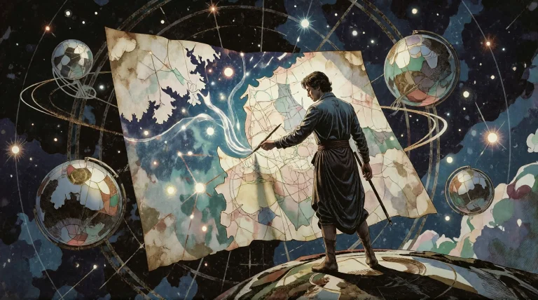 A Solitary, Visionary Cartographer Stands At The Center Of A...