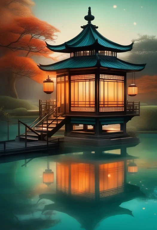 A Lantern-lit Teahouse Beside A Still Pond, Storybook Illust...