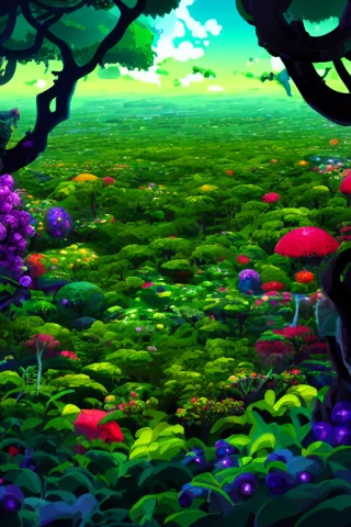 Loras1-kurzgesagtyiffy-e18-0000081, Alien Planet,forest,mons... — Stable Diffusion AI Prompt: , alien planet,forest,monster,sky,cloud,jungle,vine, vector art, Kurzgesagt, sha...