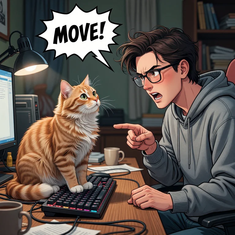 Cat Sitting On A Mech Keyboard Looking At Upset Owner Tellin...