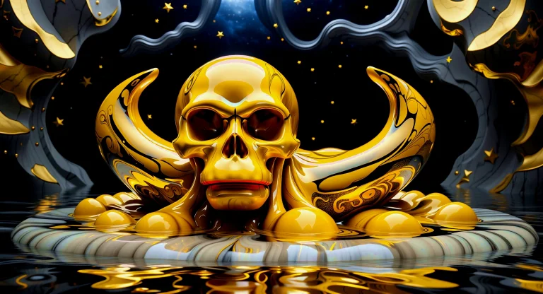 ,a Giant Floating Skull Made Of Radiant Liquid Marble With B...