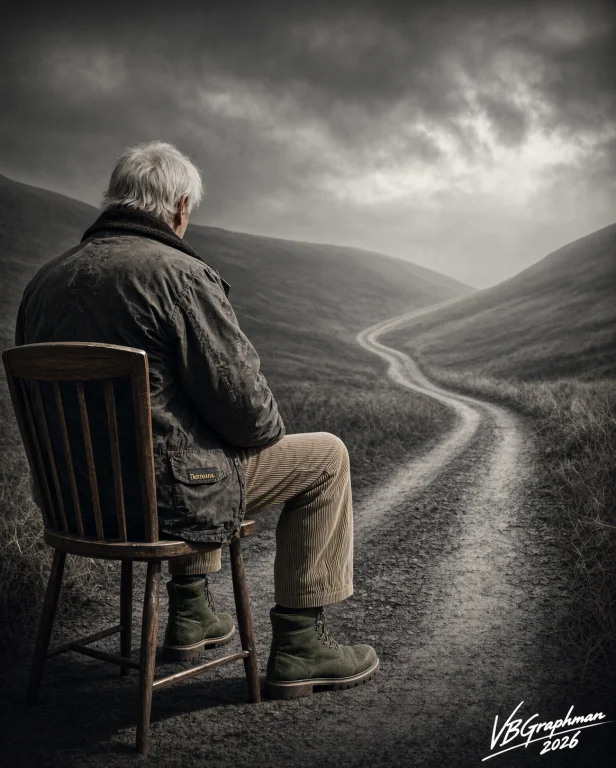 An Elderly Man With White Hair Wearing A Worn Barbour Jacket...