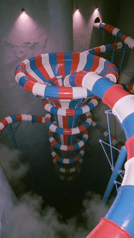 Dcl1m1nal. High-angle Medium Shot Of A Vast Indoor Waterpark...