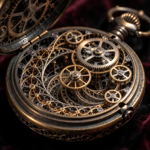 A Surreal Fractal Pocket Watch Split Open Across A Dark Velv... — Stable Diffusion AI Prompt: A surreal fractal pocket watch split open across a dark velvet surface, its aged...