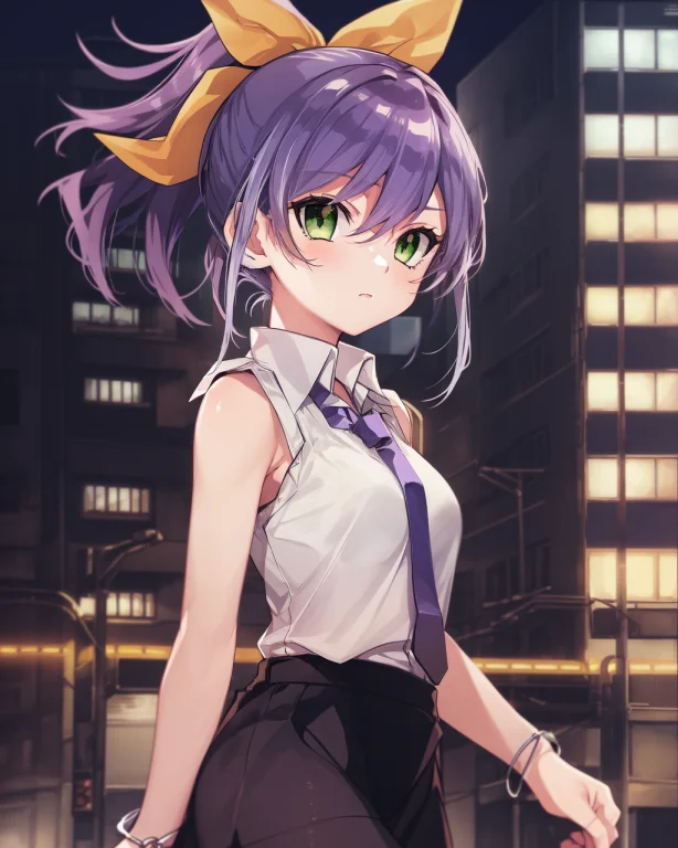 1girl, Serena, Purple Hair, Green Eyes, Yellow Bow, Ponytail...