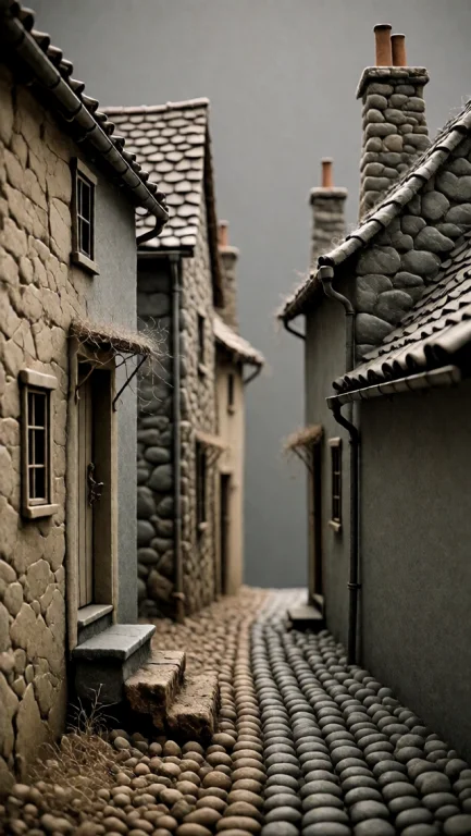 A Narrow Cobbled Lane Runs Between Two Rows Of Stone Houses...