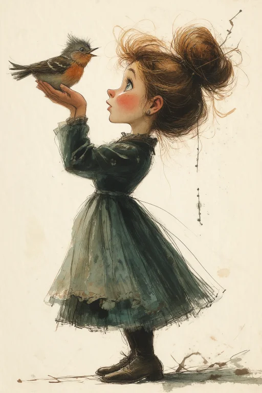 Vladimir Zarubin Style Gouache Illustration, A Woman Holding...