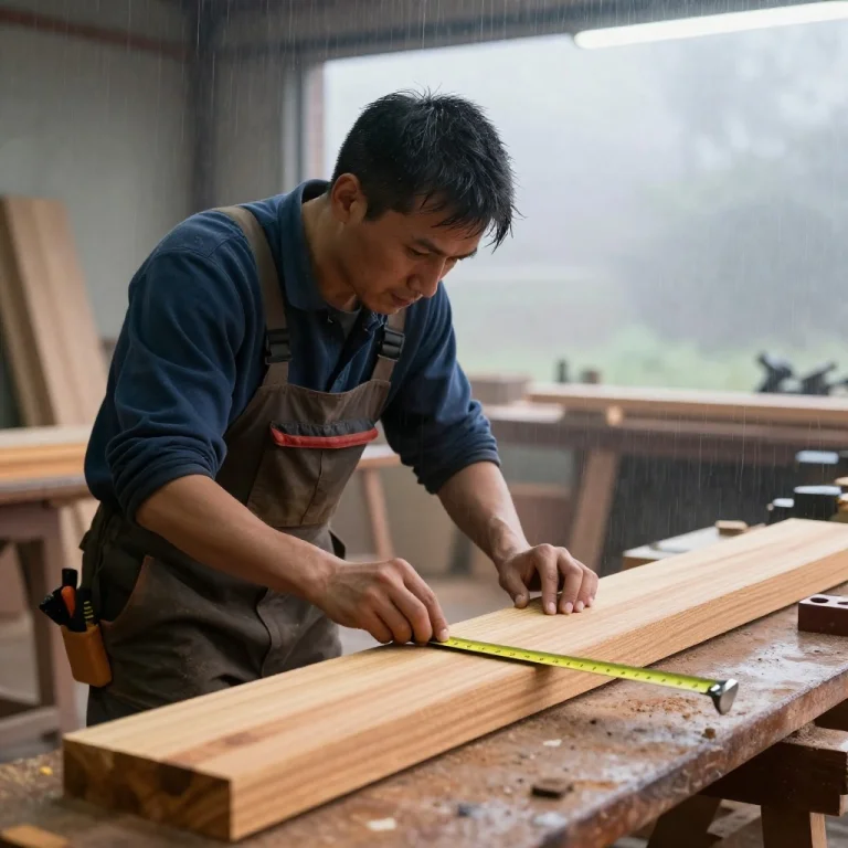 A Carpenter Measuring Timber In A Dusty Workshop, Foggy Diff...