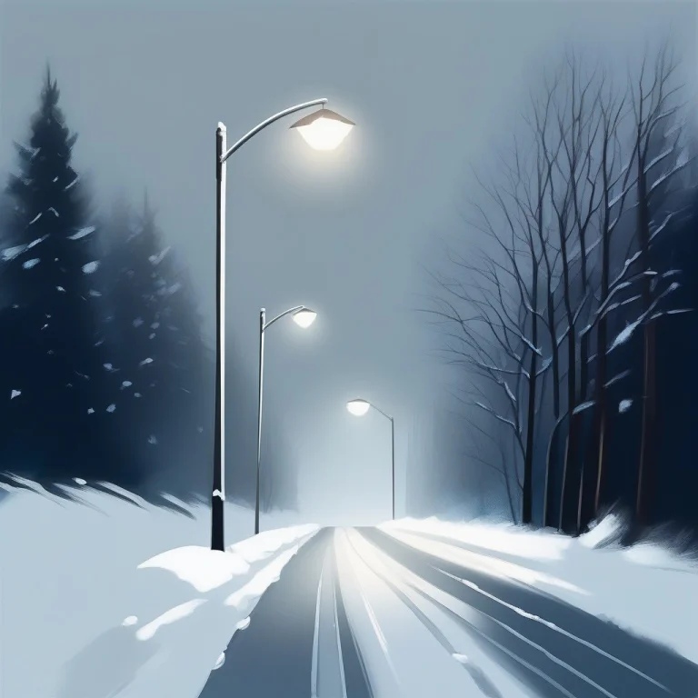A Lone Streetlight Glowing On A Snowy Road, Expressive Brush...