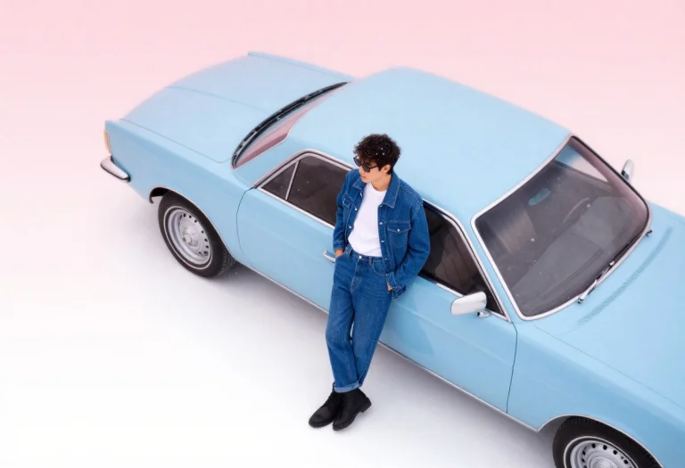 A Denim Look Leaning Against A Vintage Car, Aerial Drone Sho...