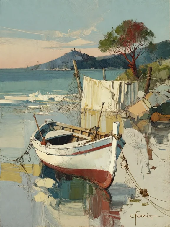 Bradhamel Art Style. A Serene Coastal Scene Rendered In Impr...