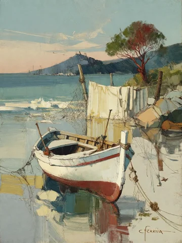 Bradhamel Art Style. A Serene Coastal Scene Rendered In Impr... — Stable Diffusion AI Prompt: Bradhamel art style. A serene coastal scene rendered in impressionistic brushstr...