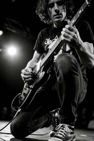 A Low-angle Black-and-white Photograph Captures A Long-haire... — Stable Diffusion AI Prompt: A low-angle black-and-white photograph captures a long-haired male guitarist mid...