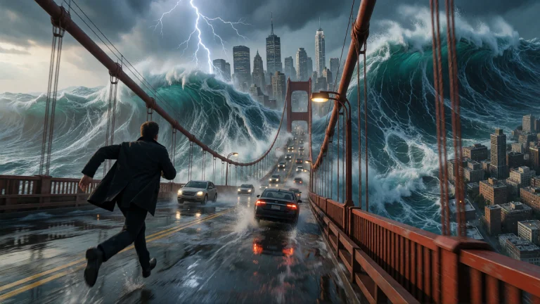 3d, Oil Painting, A Lone Man In A Soaked Black Coat Sprints...