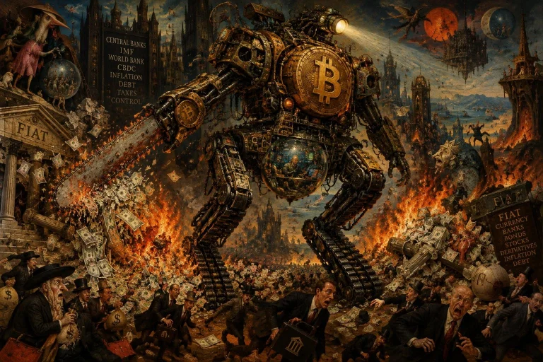 Bitcoin Mech Destroying The Fiat System, Piles Of Cash Shred...