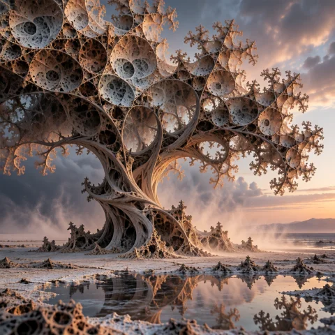 A Colossal Fractal Tree Rises From A Silent Salt Desert At T... — Stable Diffusion AI Prompt: A colossal fractal tree rises from a silent salt desert at twilight, its trunk t...