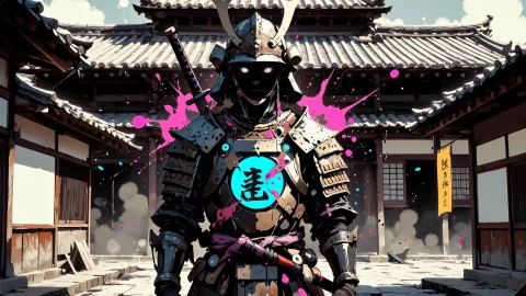 A Cyberpunk Samurai Stands Poised In A Silent Courtyard, His... — FLUX AI Prompt: A cyberpunk samurai stands poised in a silent courtyard, his armor not forged fr...