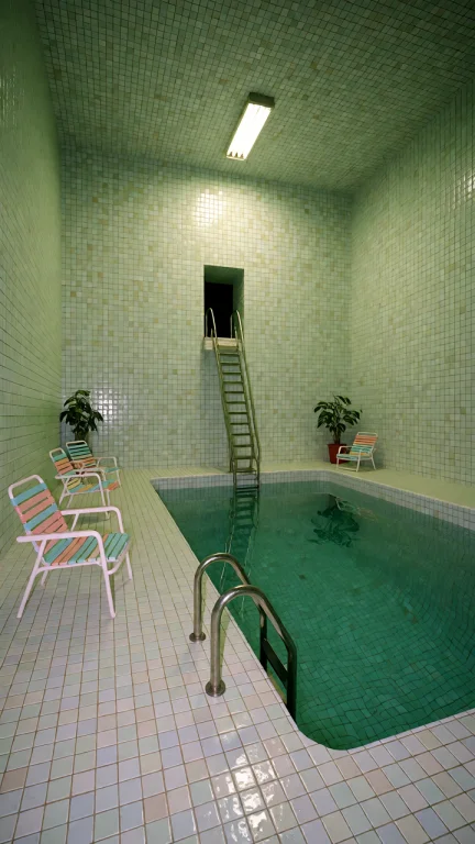 Dcl1m1nal. Wide Eye-level Shot Of An Enclosed Indoor Swimmin...