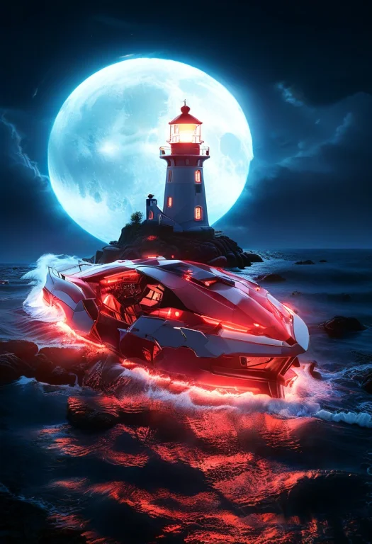 Whiteember, Boat Made Of Glossy White And Red Glow, Lighthou...