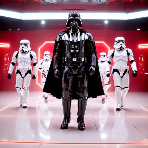 Sleek Cybernetic Line Dance, Whiteember Style. Darth Vader A... — SDXL AI Prompt: Sleek cybernetic line dance, WhiteEmber style. Darth Vader and a perfectly synch...