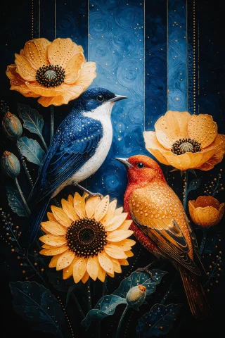 Zidiusart, A Vertical Art Nouveau Style Painting Featuring T... — Stable Diffusion AI Prompt: zidiusArt, A vertical Art Nouveau style painting featuring two stylized birds pe...