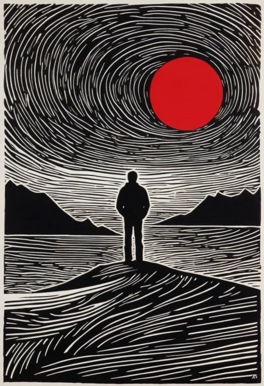 Lone Traveler, Linocut In Black And Red By David Aja