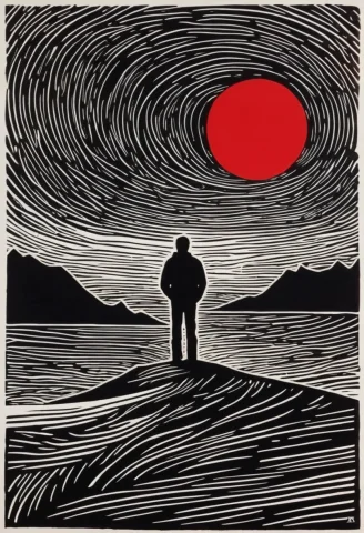 Lone Traveler, Linocut In Black And Red By David Aja — SDXL AI Prompt: lone traveler, linocut in black and red by David Aja