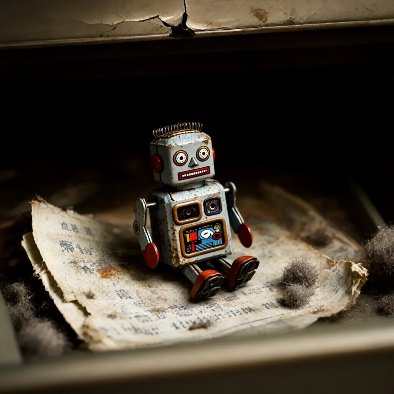 A Tiny Retro Wind-up Tin Robot With Loose Limbs, Sitting On...
