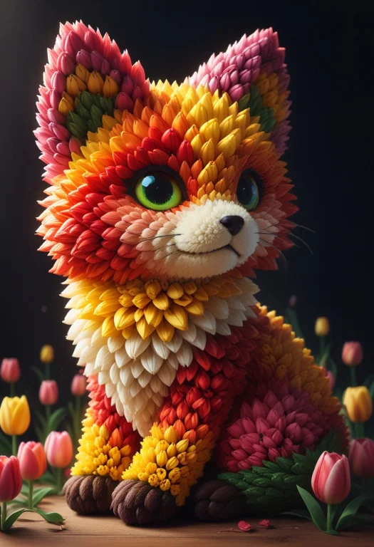 Floral Motifs, Tulip Covered Chibi Fox, Made Of Tulips Fores...