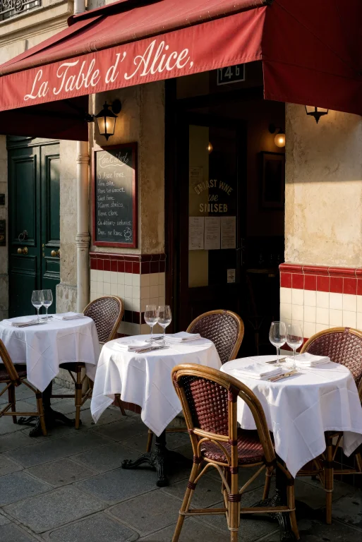 A Narrow Outdoor Dining Patio In Front Of A French Bistro Na...