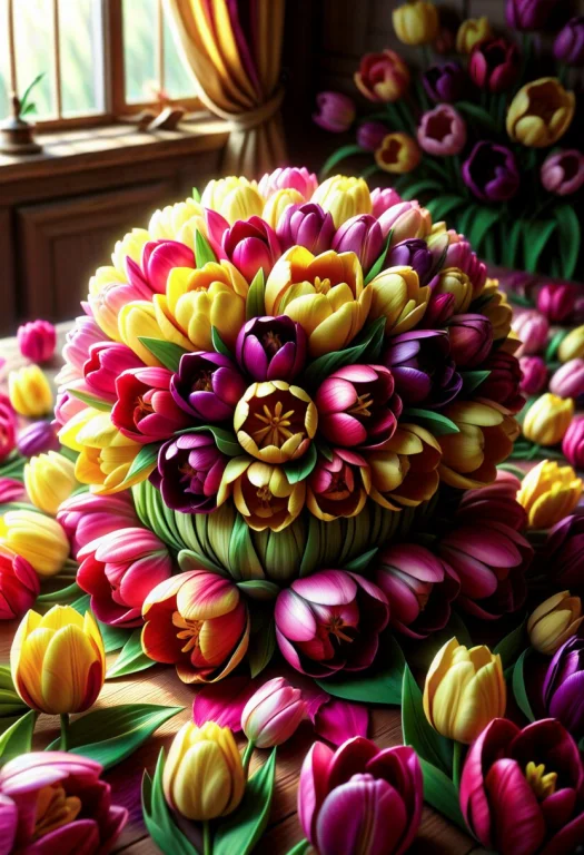 Yugioh Card Made Of Tulips, Vibrant Palette Of Saturated Red...