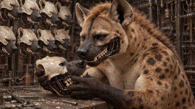 An Adult Anthropomorphic Spotted Hyena Sits At A Workbench I...