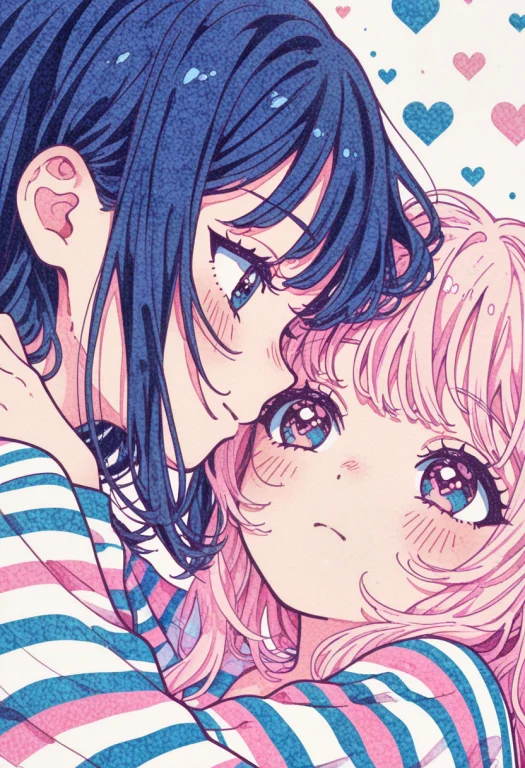 Kawaii Pop Art, Watercolor, 2girls, Yuri, Black-and-white St...