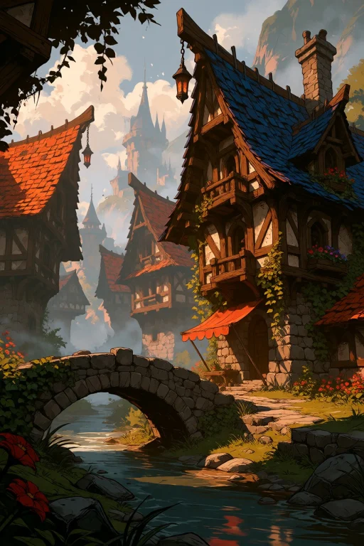 Ta86inkriot, Thin Black Outlines, A Charming Fantasy Village...