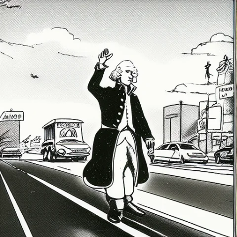 A Cartoon About George Washington Crossing The Street, Lorat... — Stable Diffusion AI Prompt: a cartoon about george washington crossing the street, , by gary larson, monochr...