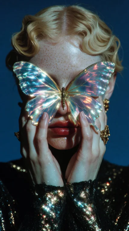 Softly Curled Blonde Hair, Deep Blue Background, Cool Ethere...