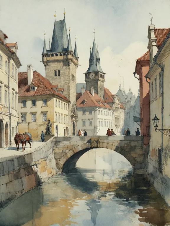 Bradhamel Art Style. A Watercolor Painting Of A European Cit...