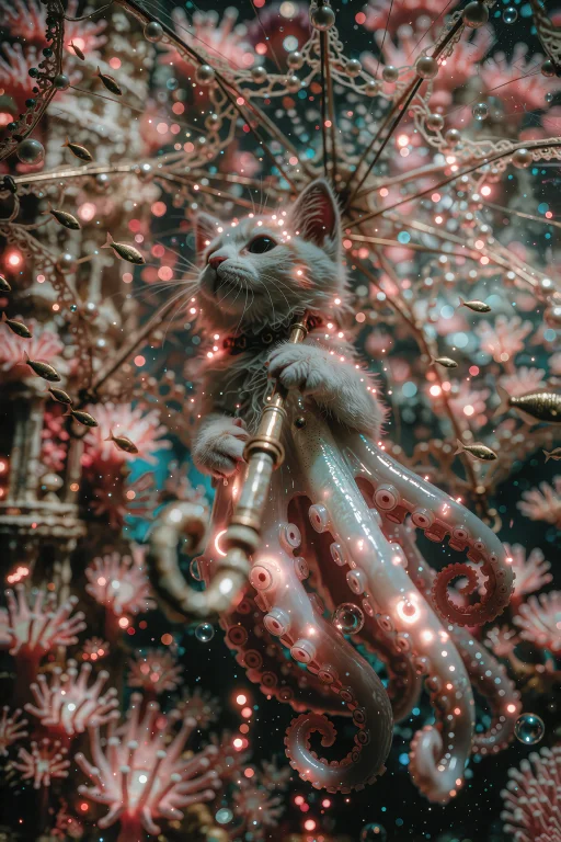 A Whimsical Hybrid Of A Fluffy Kitten And A Translucent Octo...